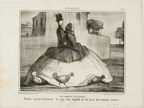 An Excusable Error. Chickens thinking they have found the cage where they spent their early childhood, plate 21 from La Crinolomanie by Honoré-Victorin Daumier, print, 1857