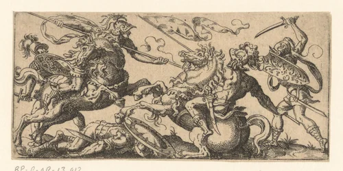 Vijf krijgers in gevecht waarvan twee te paard by Jost Amman, print, 1590