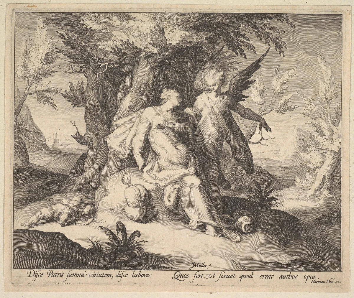 Hagar in the Desert Consoled by an Angel by Jan Muller, print, 1591