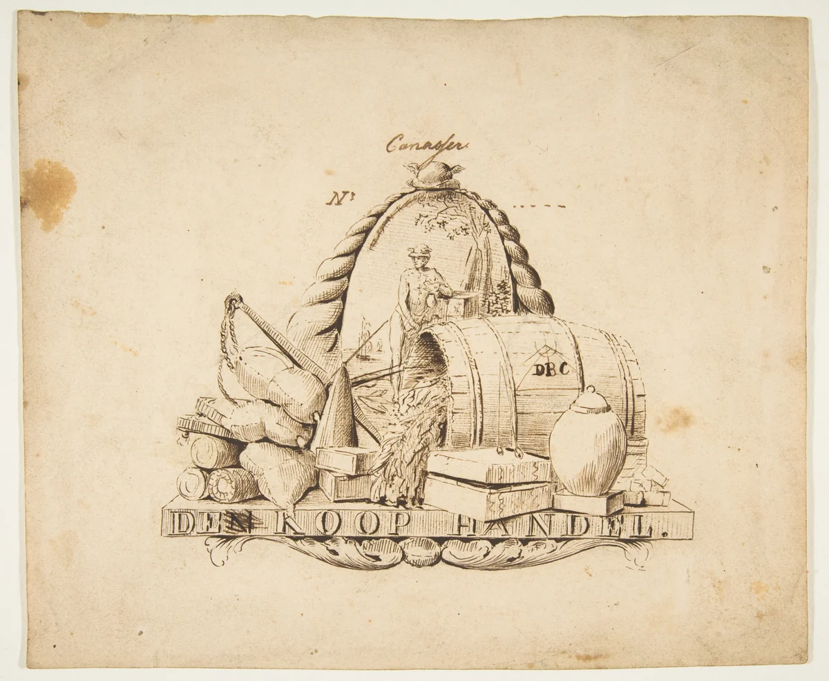 Design for a seal for 'Commerce': Den Koop Handel by anonymous, drawing, 1700-1800