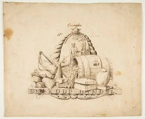 Design for a seal for 'Commerce': Den Koop Handel by anonymous, drawing, 1700-1800