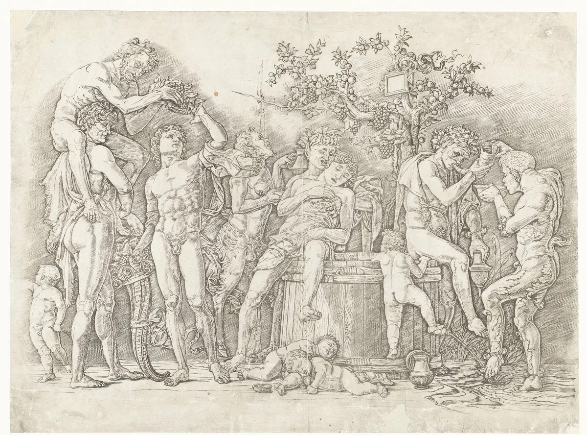 Bacchanaal met satyrs en bacchanten bij wijnpers by Andrea Mantegna, print, 1473-1477