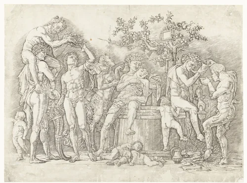 Bacchanaal met satyrs en bacchanten bij wijnpers by Andrea Mantegna, print, 1473-1477