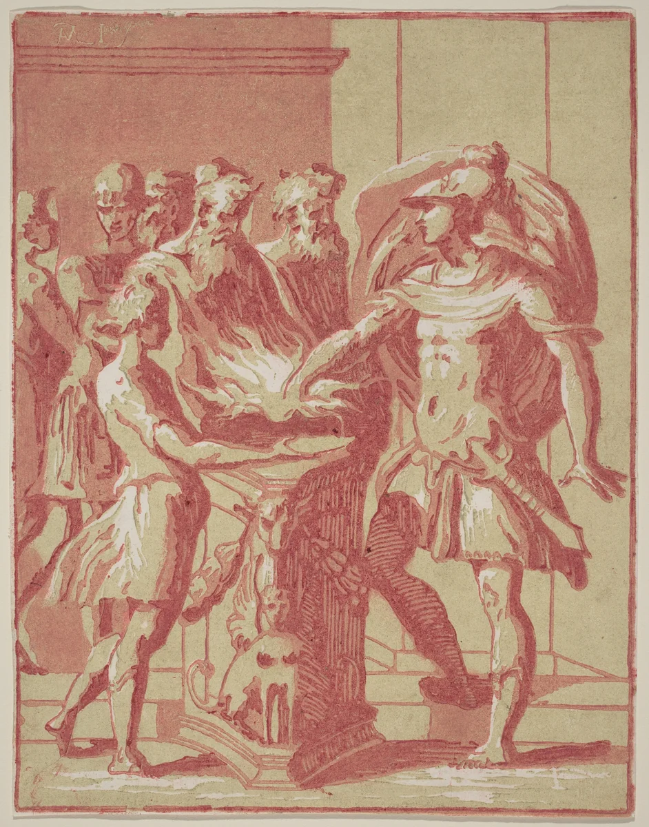 Mucius Scaevola Putting his Hand in a Fire by Anton Maria Zanetti, print, 1720-1729