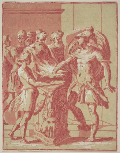 Mucius Scaevola Putting his Hand in a Fire by Anton Maria Zanetti, print, 1720-1729