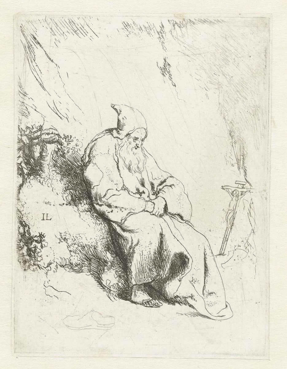 Kluizenaar met crucifix by Jan Lievens, print, 1625-1674