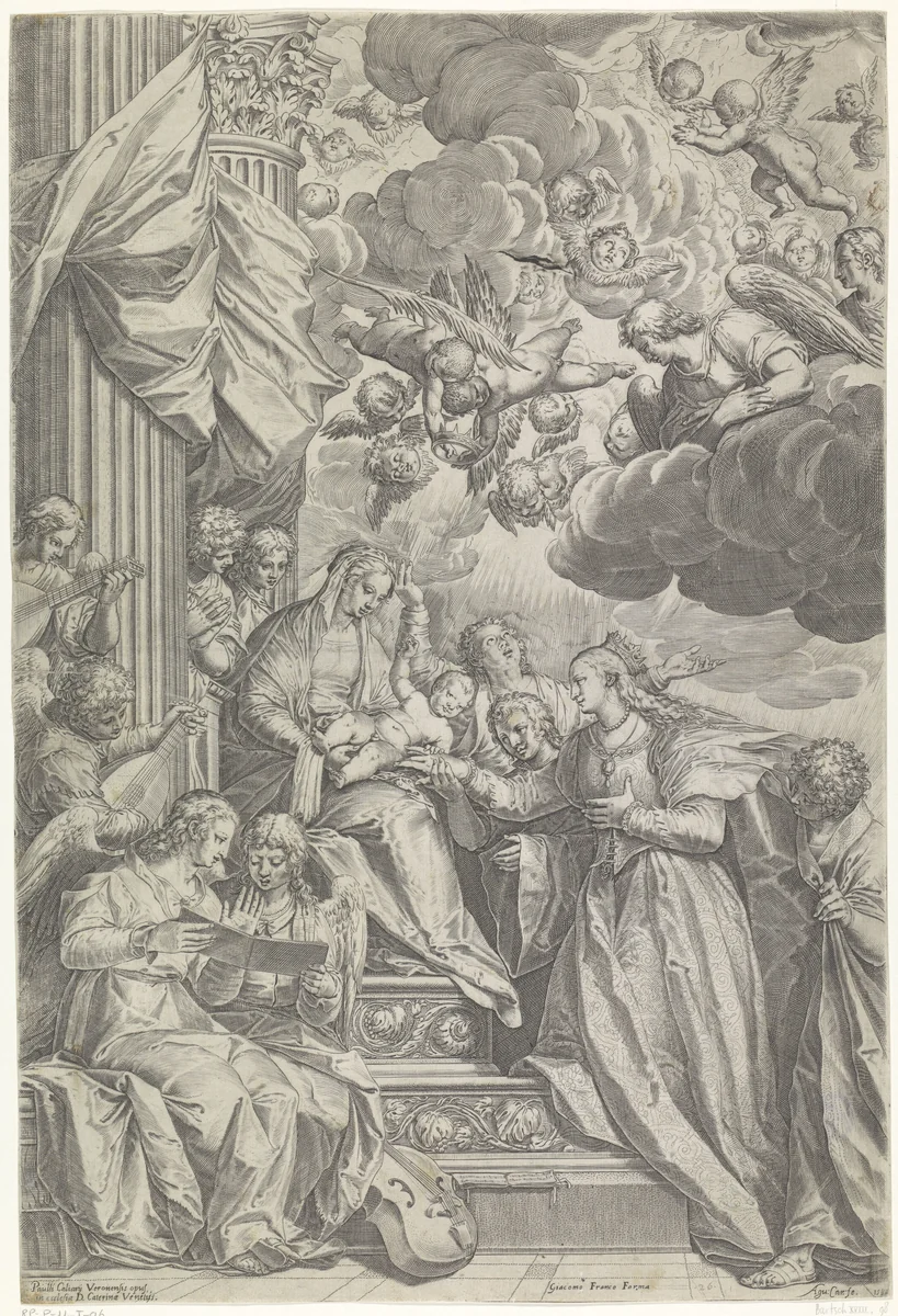 Mystieke huwelijk van de heilige Catharina by Unknown, print, 1582