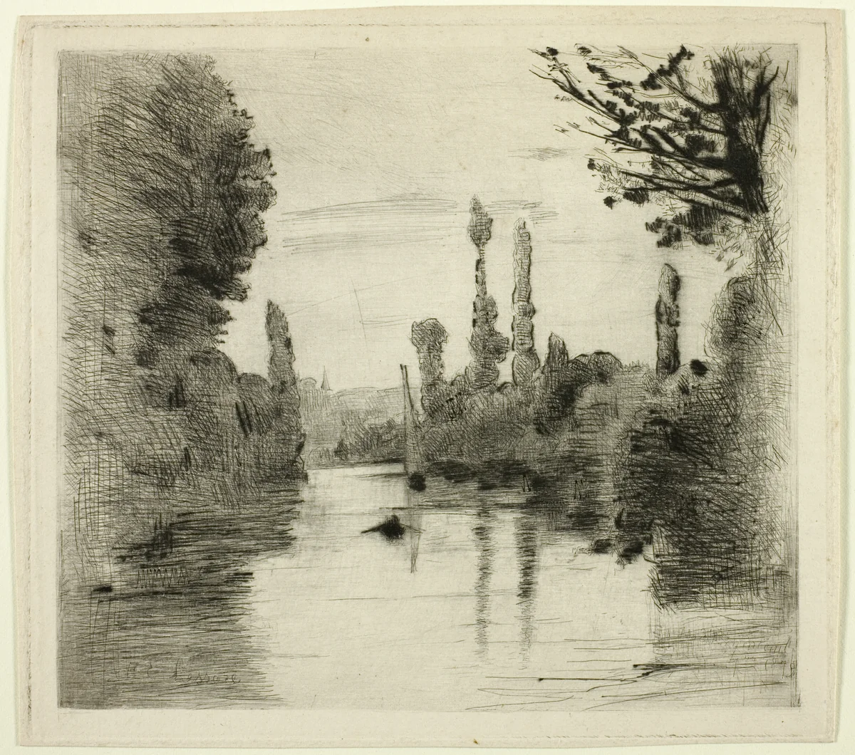 River Scene with Boat (Large plate) by Henri-Emile Lessore, print, 1879