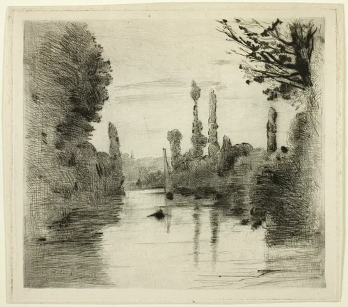 River Scene with Boat (Large plate) by Henri-Emile Lessore, print, 1879