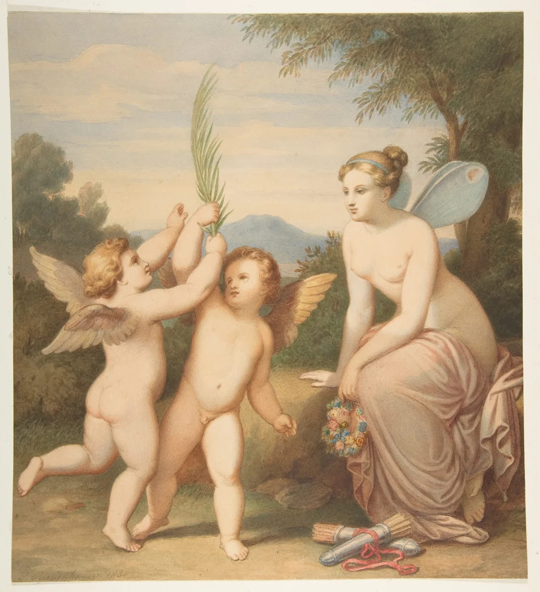 Eros and Anteros with Psyche Looking at Them by Johannes Riepenhausen, drawing, 1810-1860