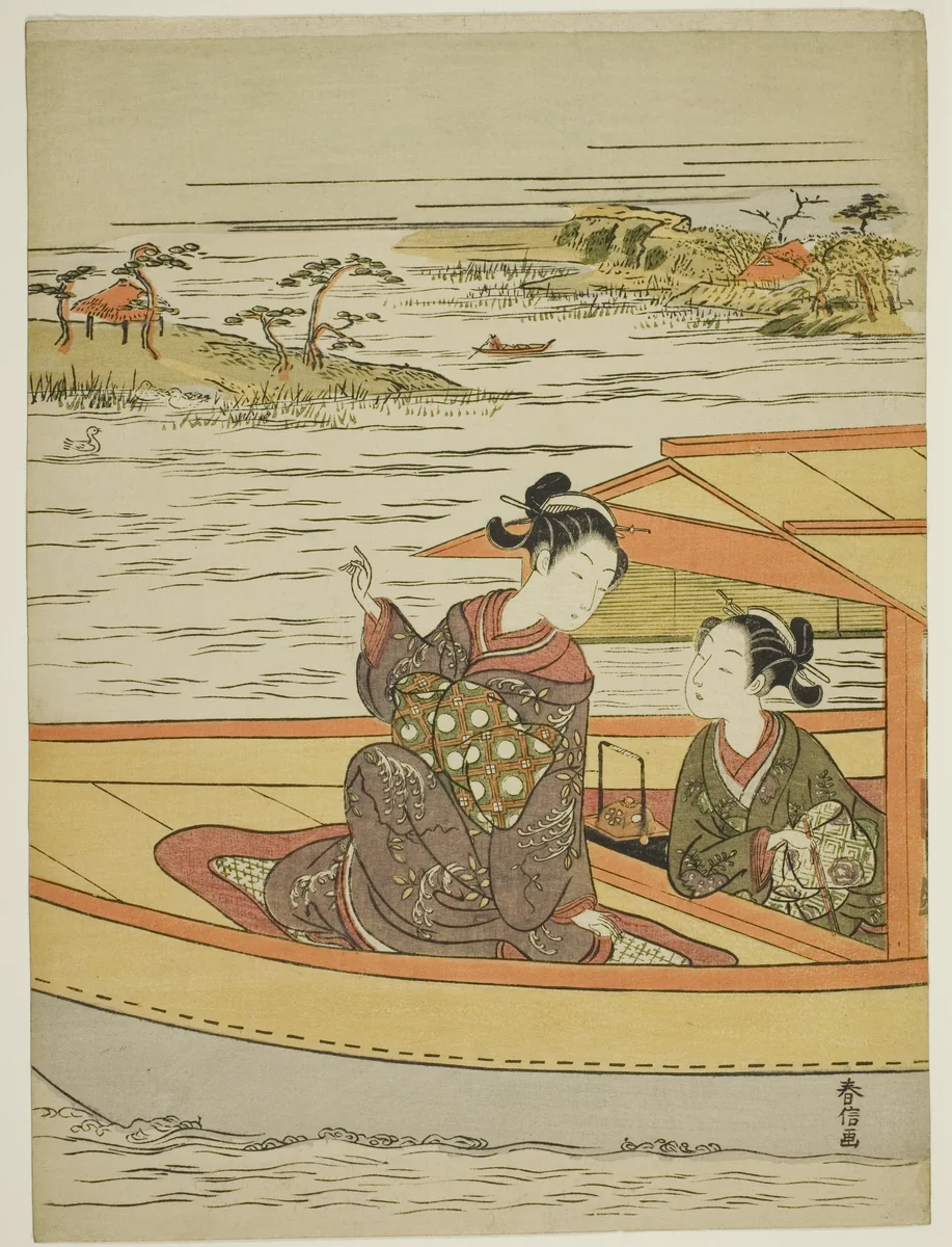 Two Beauties in a Boat by Suzuki Harunobu (鈴木春信), print, 1763-1770