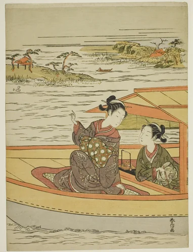 Two Beauties in a Boat by Suzuki Harunobu (鈴木春信), print, 1763-1770