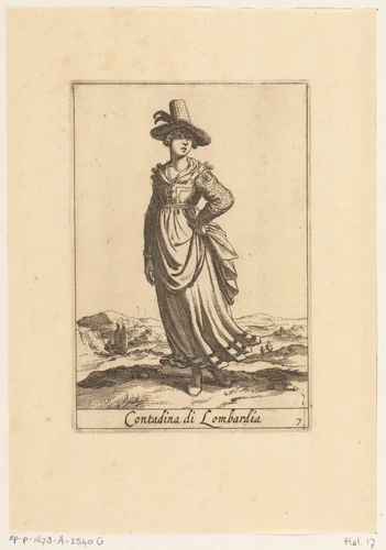 Boerenvrouw gekleed volgens de Lombardijnse mode by anonymous, print, 1720-1772