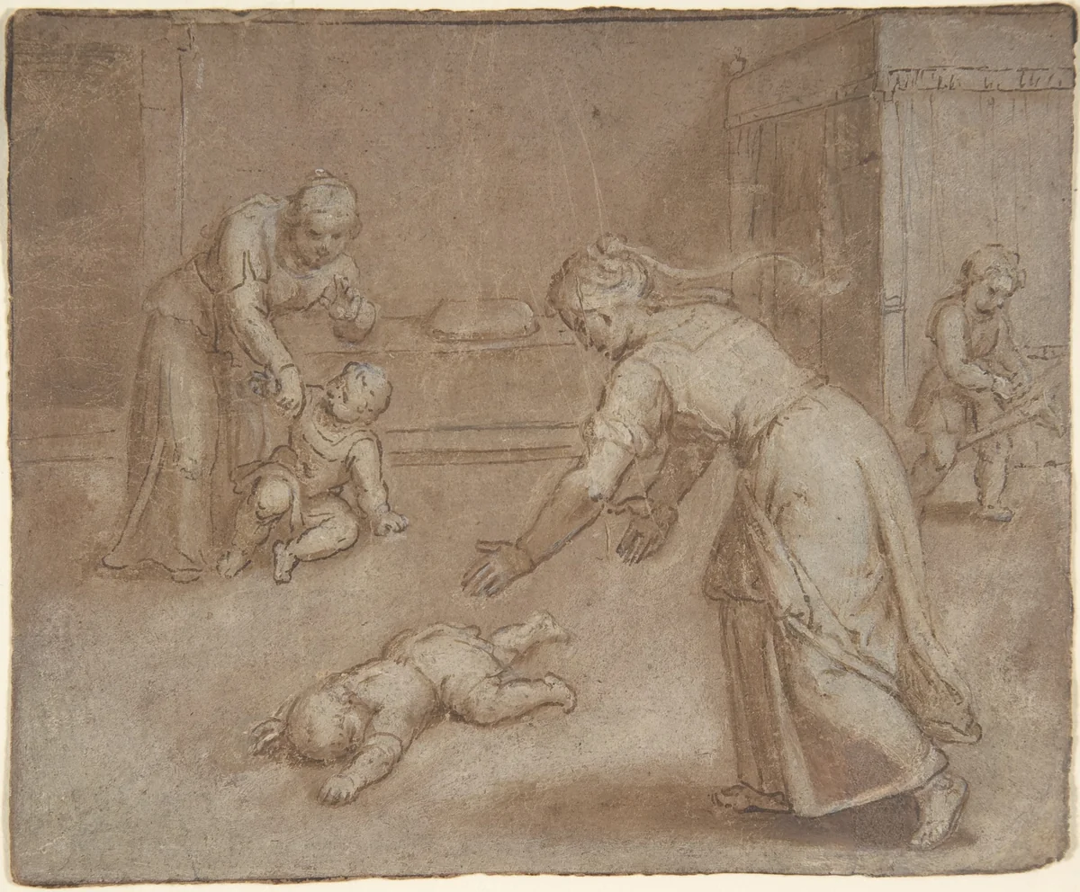 Two women and three children in an interior by Otto van Veen, drawing, 1556-1629