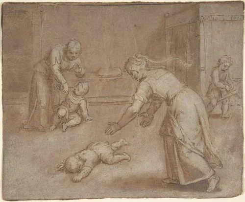 Two women and three children in an interior by Otto van Veen, drawing, 1556-1629