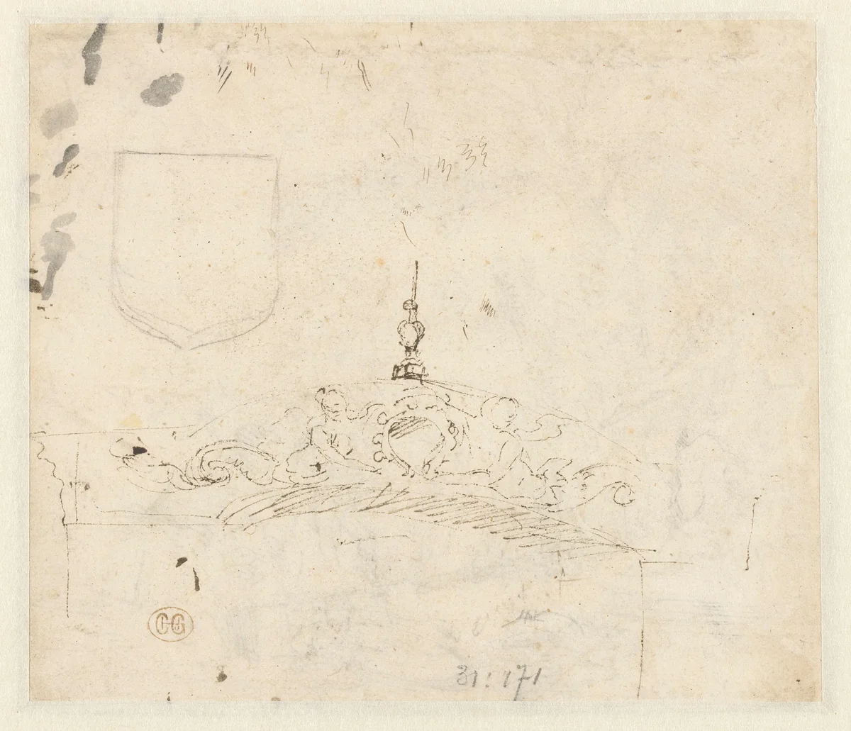 Ornamentale boog met twee zeewezens met een wapenschild by Matthys van den Bergh, drawing, 1656