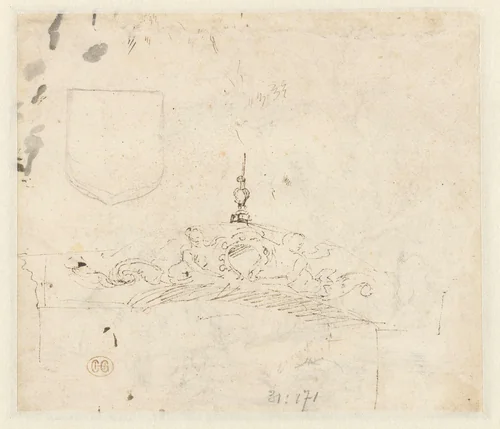 Ornamentale boog met twee zeewezens met een wapenschild by Matthys van den Bergh, drawing, 1656