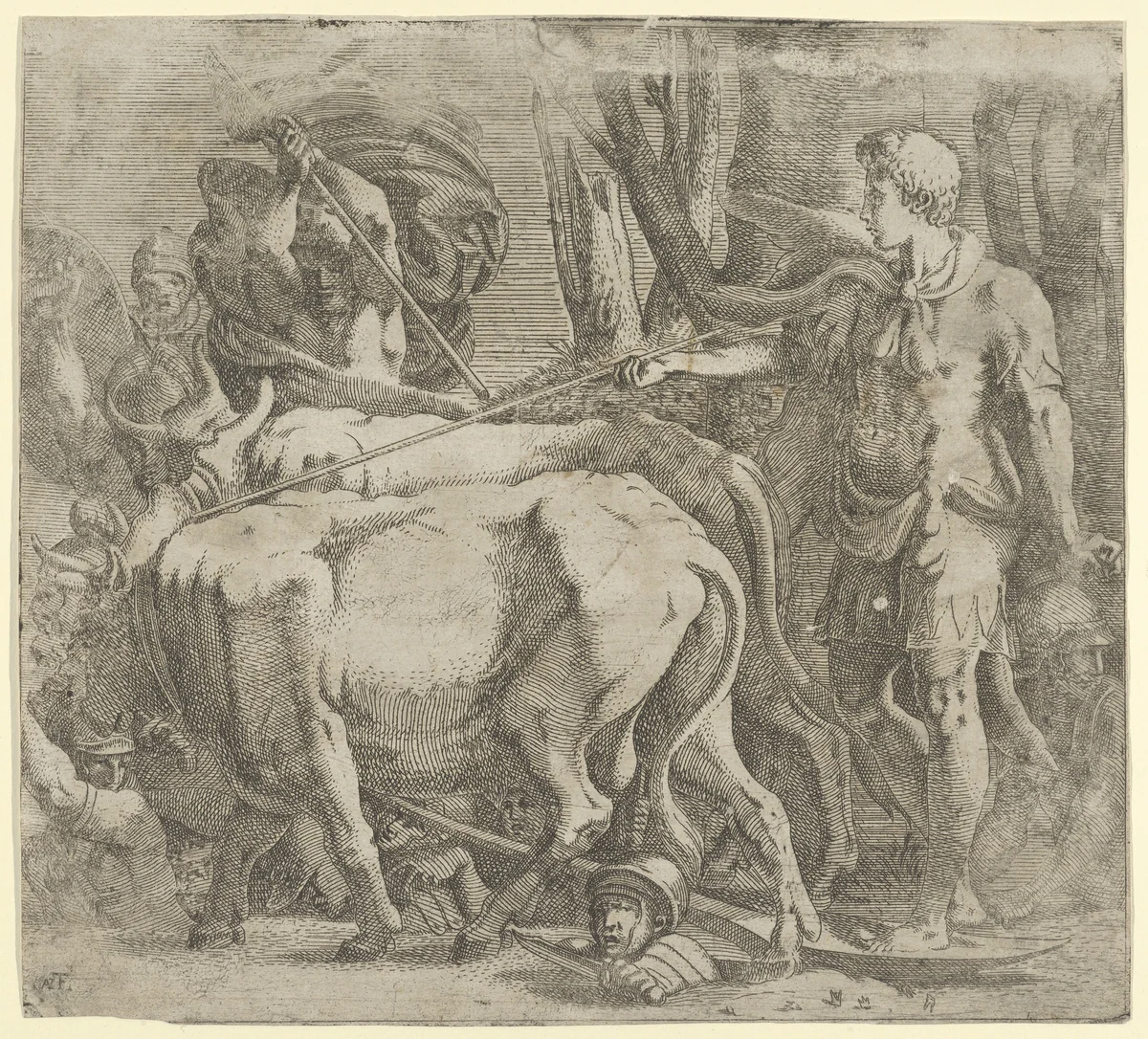 Cadmus Tilling the Field Where He Sawed the Dragon's Teeth by Antonio Fantuzzi, print, 1540-1545