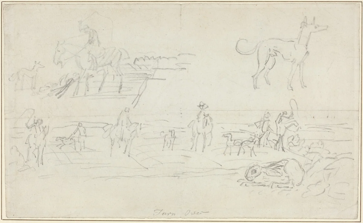 Huntsmen with Hounds and a Crouching Hare [recto] by James Seymour, drawing, 1702-1752