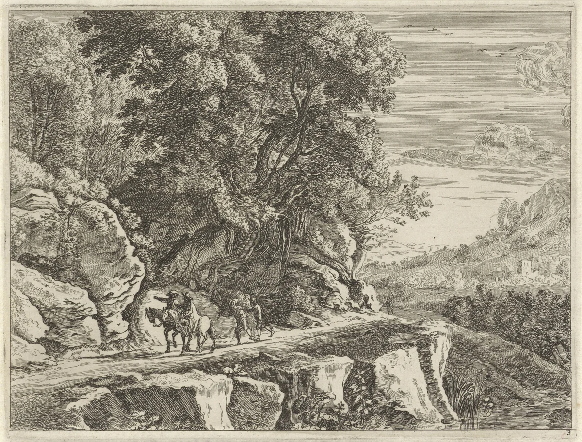 Landschap met twee ruiters by anonymous, print, 1643-1679