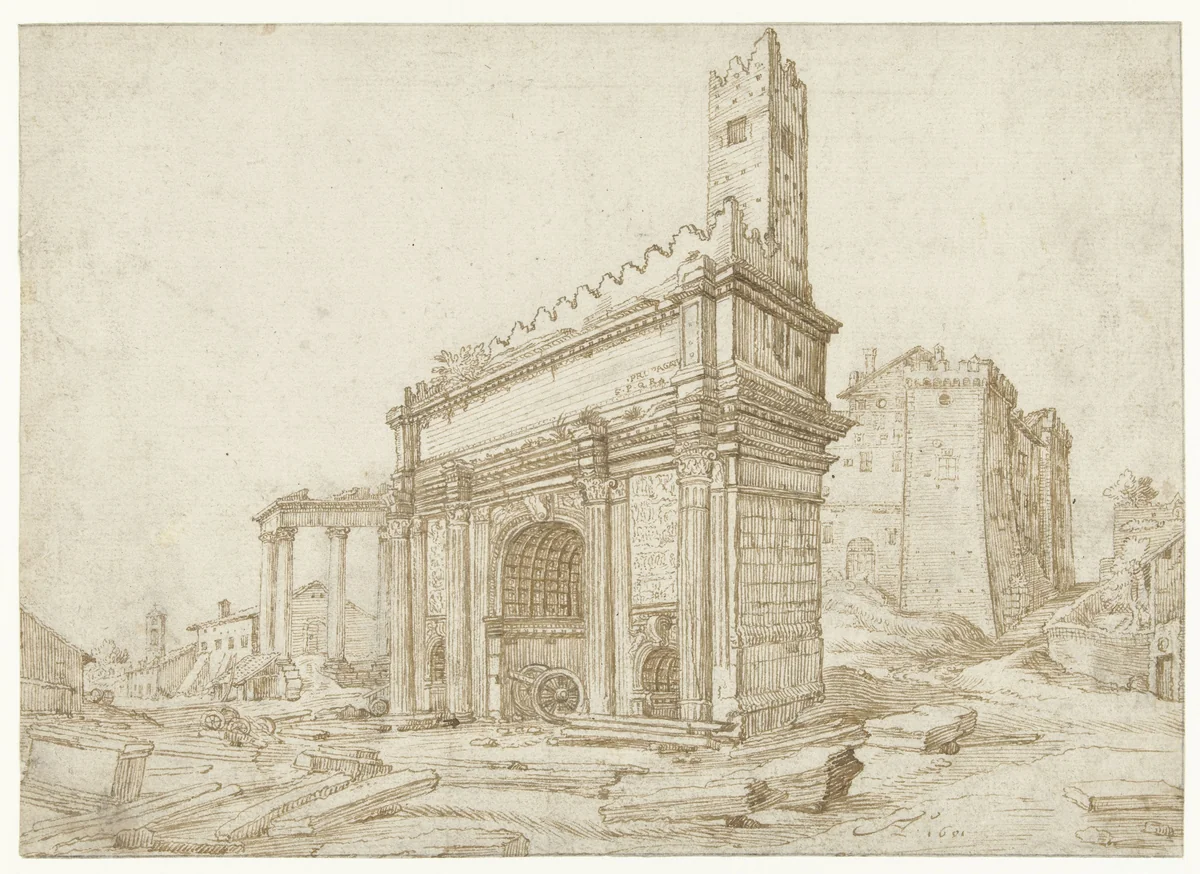 Boog van Septimus Severus te Rome by anonymous, drawing, 1601