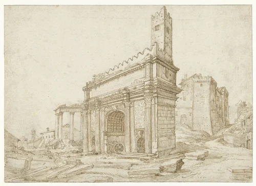 Boog van Septimus Severus te Rome by anonymous, drawing, 1601
