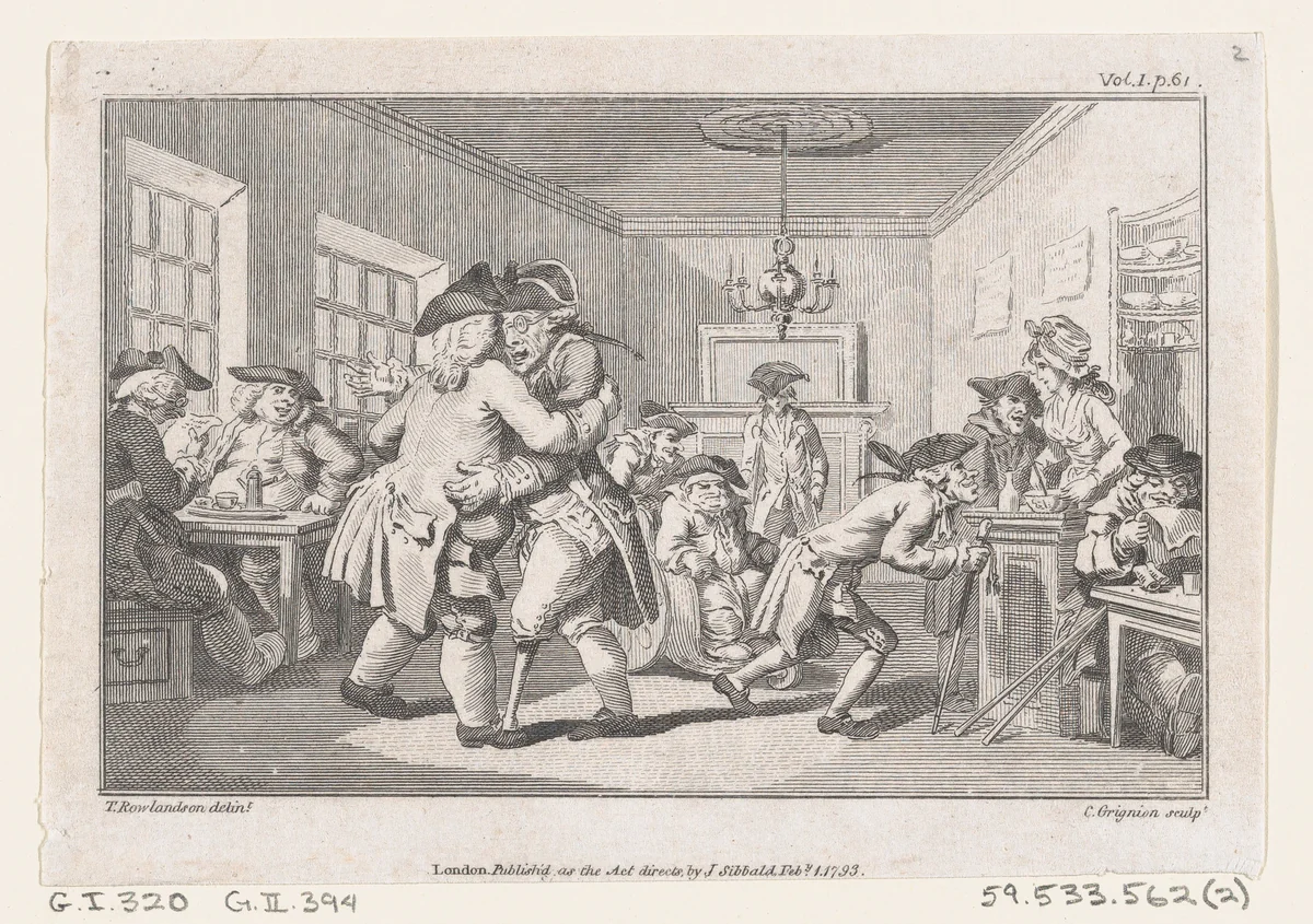 Men Dancing in a Coffee House, an illustration from Tobias Smollett's "The Expedition of Humphry Clinker" (London, 1793), Vol. 1 by Charles Grignion, print, 1793