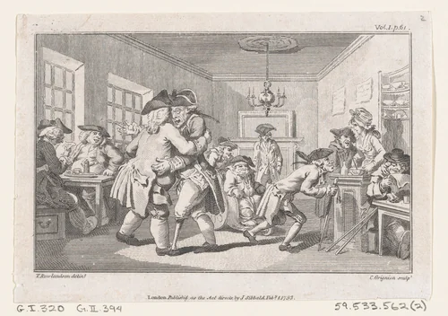 Men Dancing in a Coffee House, an illustration from Tobias Smollett's "The Expedition of Humphry Clinker" (London, 1793), Vol. 1 by Charles Grignion, print, 1793