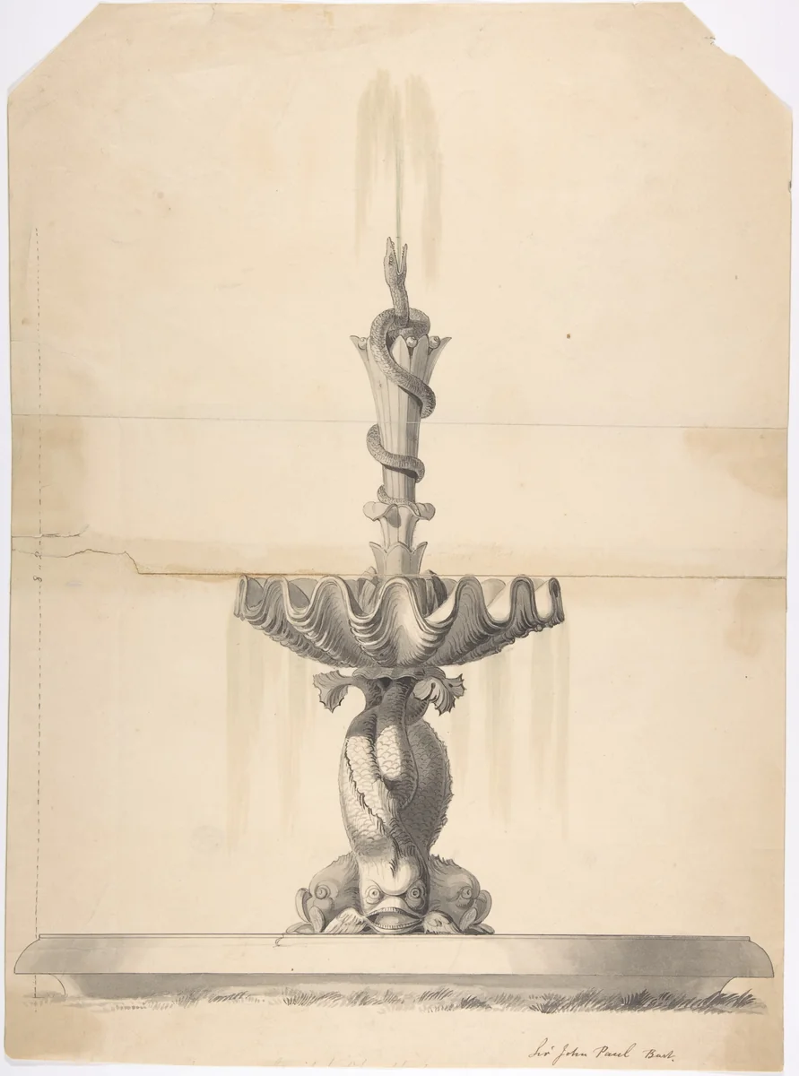 Design for a Fountain with a Shell Basin Supported by Three Dolphins and Surmounted by a Snake Spouting Water by anonymous, drawing, 1830-1860