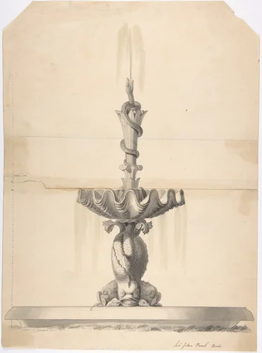 Design for a Fountain with a Shell Basin Supported by Three Dolphins and Surmounted by a Snake Spouting Water by anonymous, drawing, 1830-1860