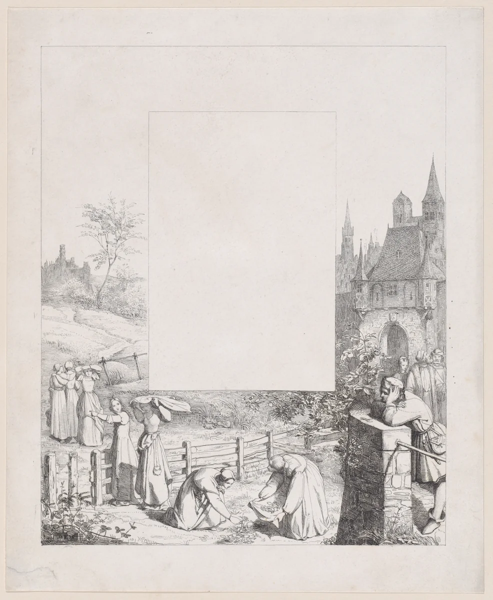 Plate 5: women collecting plants and carrying them over their heads, a male onlooker at right and a castle at right in the background, from "Lieder eines Malers mit Randzeichnungen seiner Freunde" by Eduard Julius Friedrich Bendemann, print, 1836