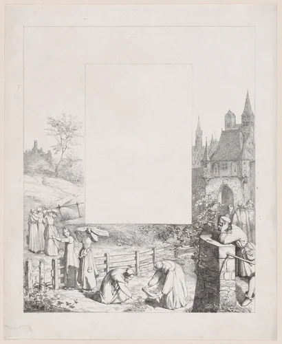 Plate 5: women collecting plants and carrying them over their heads, a male onlooker at right and a castle at right in the background, from "Lieder eines Malers mit Randzeichnungen seiner Freunde" by Eduard Julius Friedrich Bendemann, print, 1836