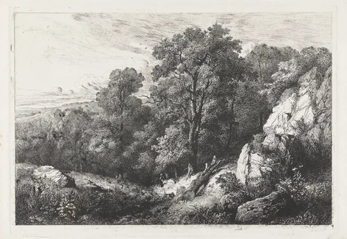 Heuvelachtig landschap met wandelaar by Martinus Antonius Kuytenbrouwer jr., print, 1831-1897