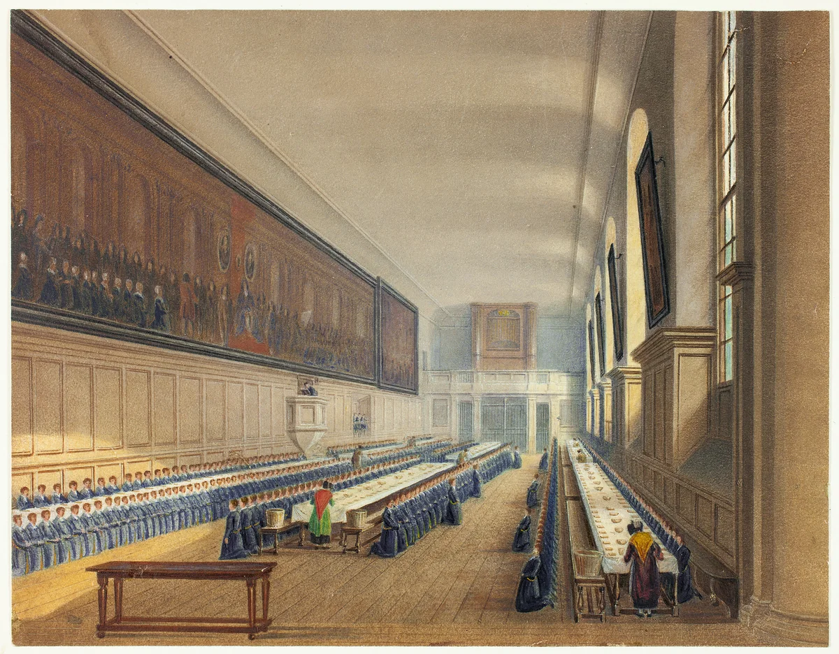 Hall of Christ's Hospital by Augustus Charles Pugin, painting, 1813-1816