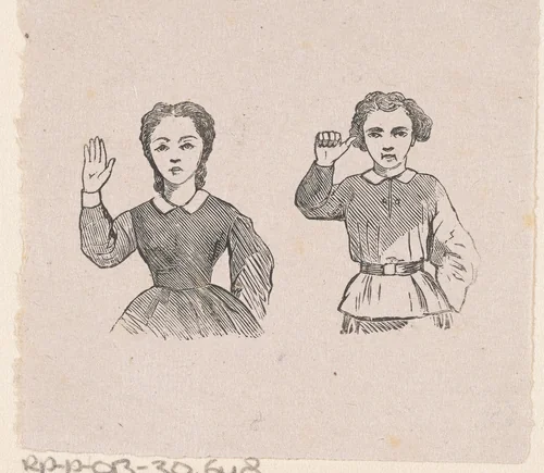Jongen en een meisje gebarend met hun handen by Isaac Weissenbruch, print, 1836-1912