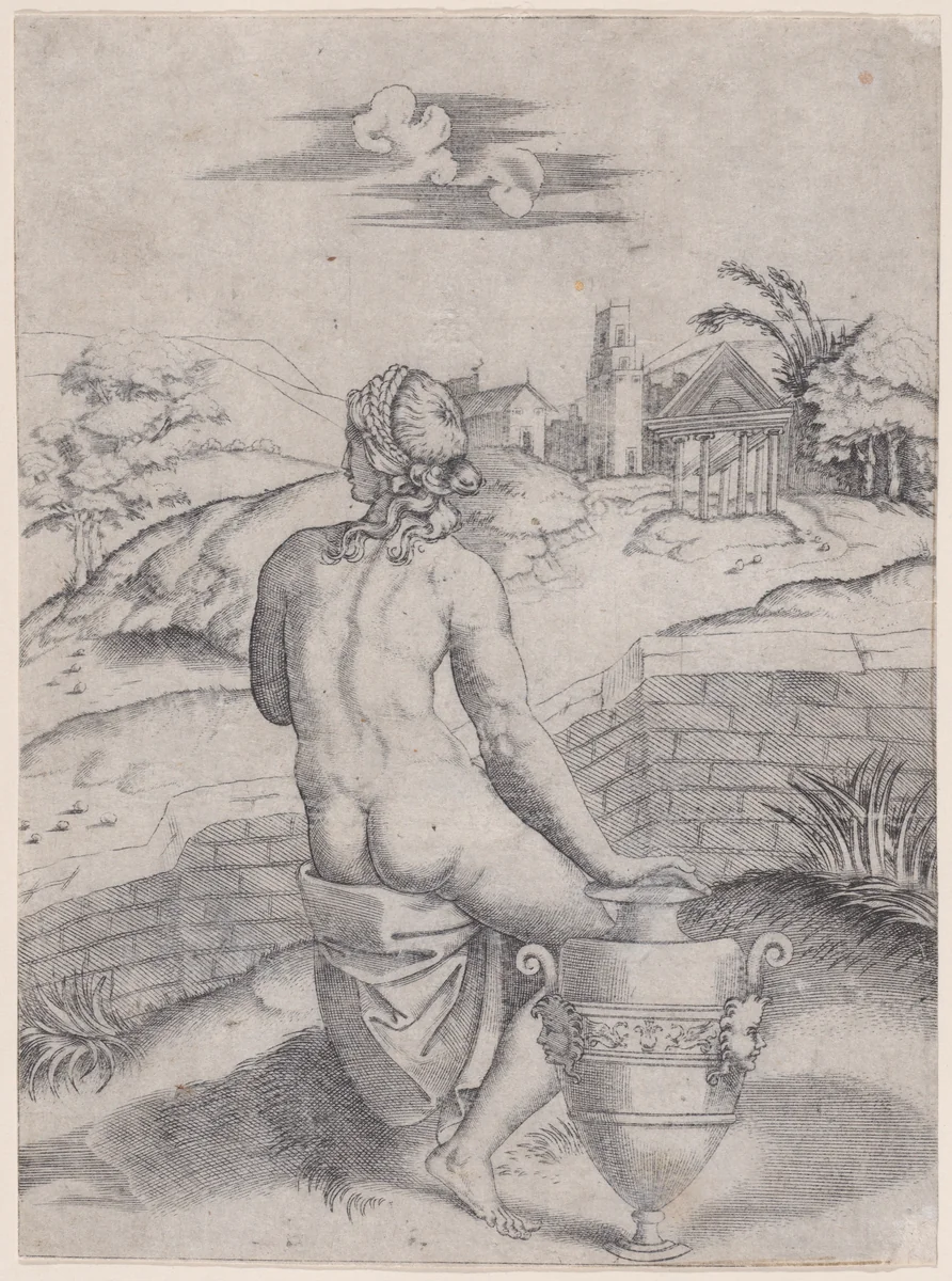 Woman Seated near a Vase by Agostino Veneziano, print, 1514-1536