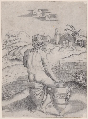 Woman Seated near a Vase by Agostino Veneziano, print, 1514-1536