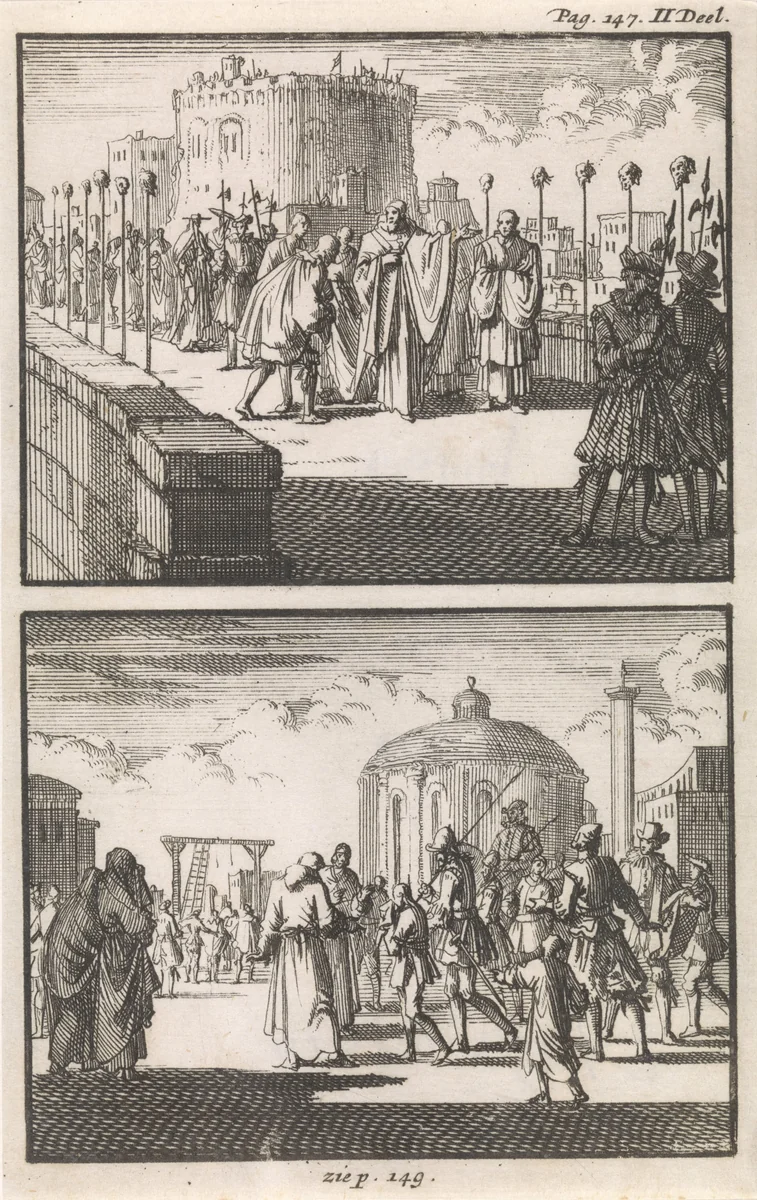 Paus Sixtus V bezoekt de Engelenburcht te Rome / Een zestienjarige jongen wordt naar de galg gebracht by Jan Luyken, print, 1697