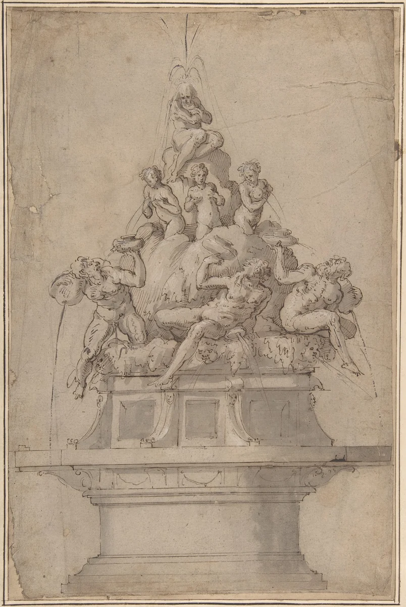 Design for a Fountain with Rivergods and Nymphs by Giorgio Vasari, drawing, 1511-1574