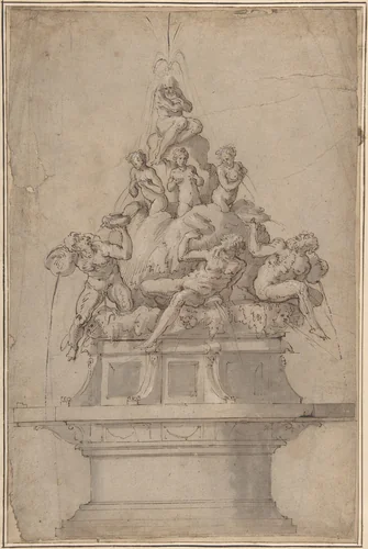 Design for a Fountain with Rivergods and Nymphs by Giorgio Vasari, drawing, 1511-1574