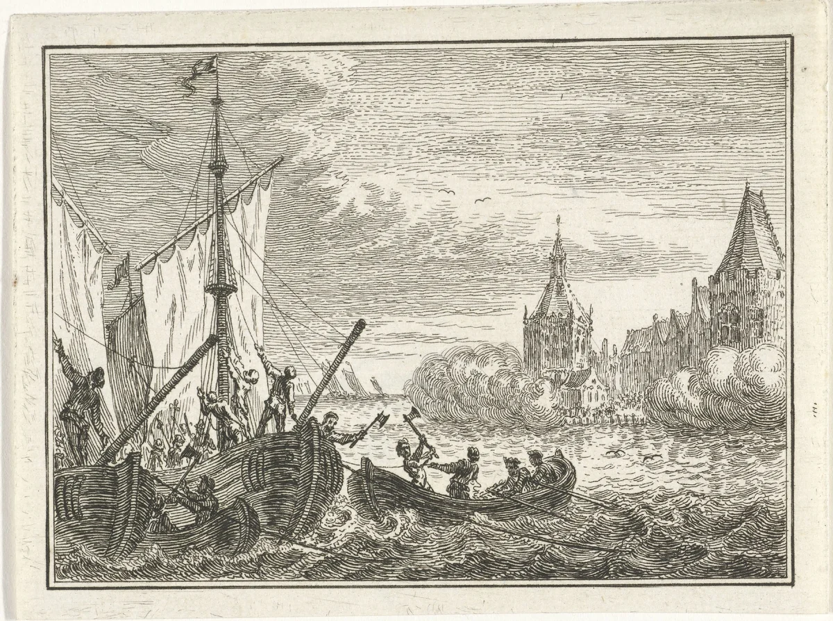 Schepen met gewapende bemanning in een haven by Simon Fokke, print, 1722-1784