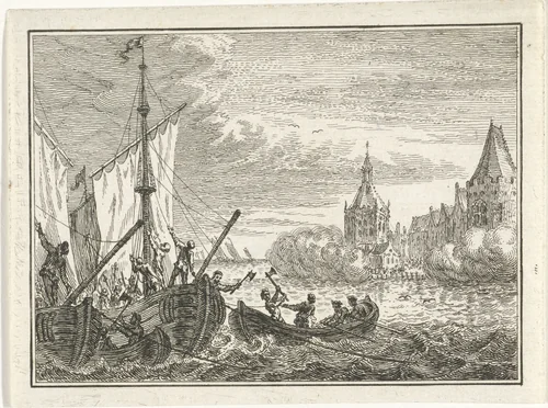 Schepen met gewapende bemanning in een haven by Simon Fokke, print, 1722-1784