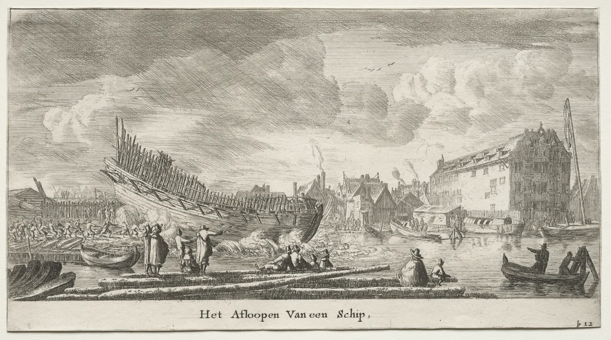 Various Ships and Views of Amsterdam (Verscheÿde Schepen en Gesichten van Amstelredam), Part II: Launching a Ship by Clement de Jonghe, print, 1652-1654