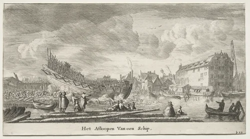 Various Ships and Views of Amsterdam (Verscheÿde Schepen en Gesichten van Amstelredam), Part II: Launching a Ship by Clement de Jonghe, print, 1652-1654