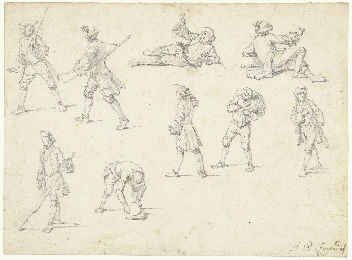 Studieblad met negen figuren by Georg Philipp Rugendas, drawing, 1676-1742