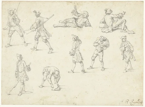 Studieblad met negen figuren by Georg Philipp Rugendas, drawing, 1676-1742
