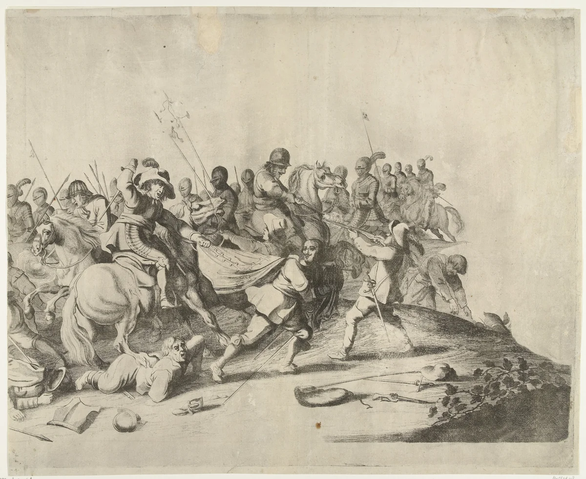 Gevecht tussen ruiters en voetvolk by Willem Basse, print, 1633-1672