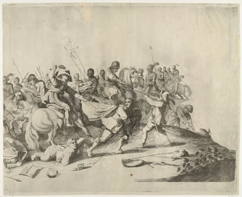 Gevecht tussen ruiters en voetvolk by Willem Basse, print, 1633-1672