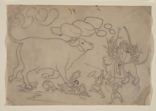 Durga Confronts the Buffalo Demon Mahisha: Scene from the Devi Mahatmya by Nainsukh, painting, 1770-1790