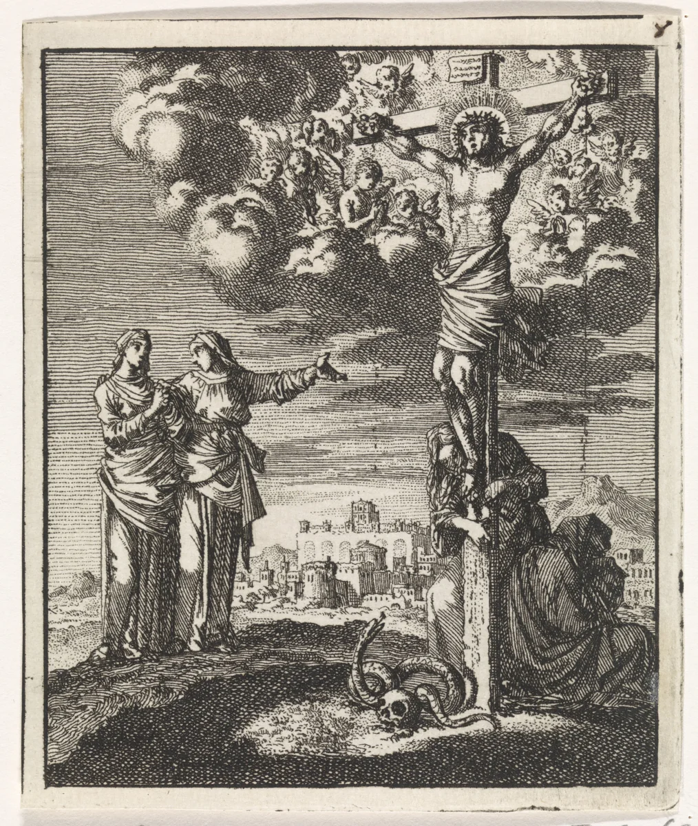 Twee vrouwen aanschouwen de gekruisigde Christus by Jan Luyken, print, 1704